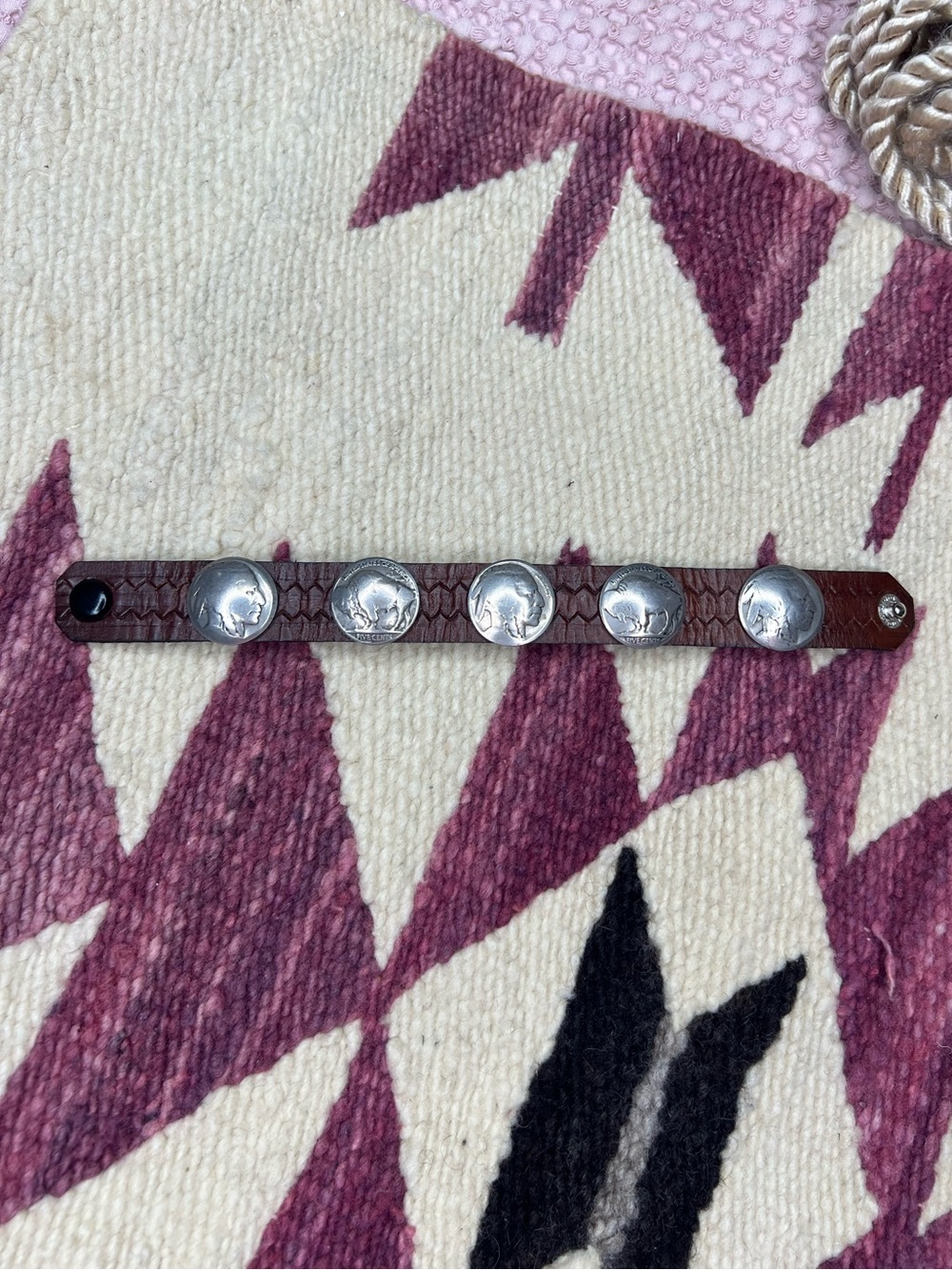 Buffalo Nickel Brown Tooled Leather Snap Bracelet Western Cuff